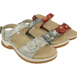 Sandalia De G Comfort De Doble Velcro Con Flor En Pala De Piel Grabada, Planta Anatomica Extraible Y Piso De Caucho