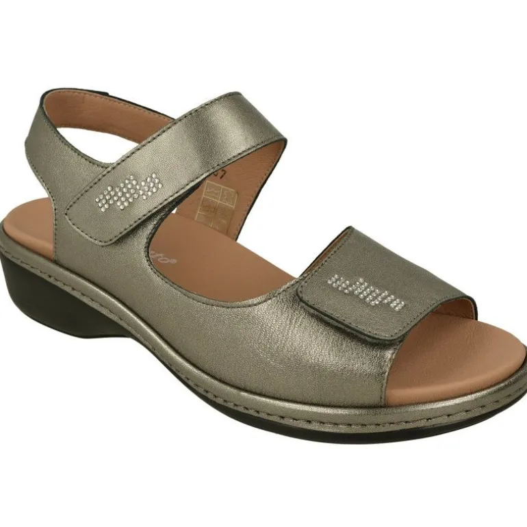 Sandalia De Piesanto Con Doble Tira De Velcro Ajustable En Piel Metalizada, Planta Anatomica Extraible Y Piso De Poliuretano