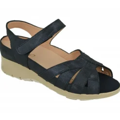 Sandalia De Rico En Piel Grabada Con Pala De Tiras Y Velcro Ajustable, Planta De Descanso Especial Para Plantillas