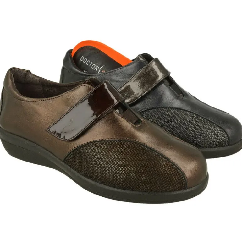 Velcro Del Doctor Cutillas Combinado En Piel Metal Y Grabado. Horma De Ancho 13 Con Planta Extraible Y Piso De Cuna De Caucho